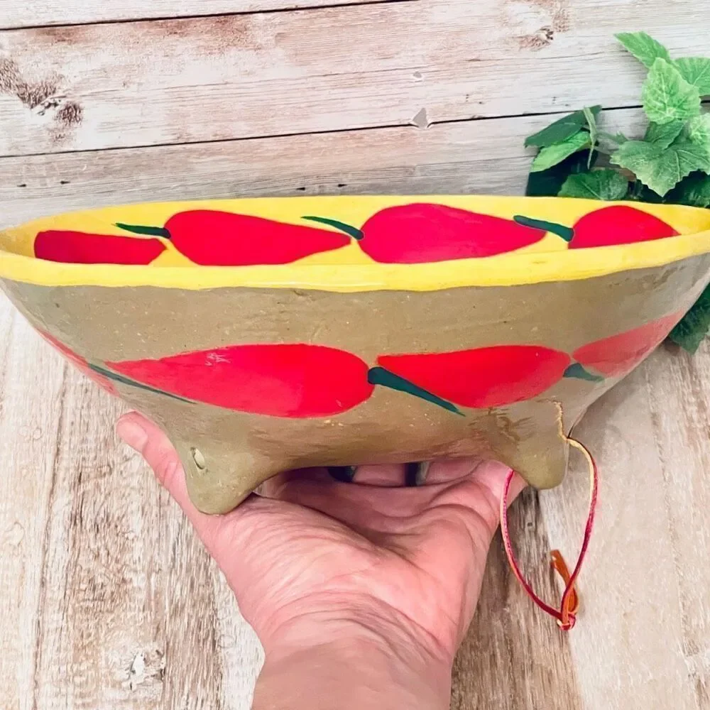 NWT Mexican Pottery Art 9.5” Hand Painted Footed Yellow Chili Pepper Salsa Bowl